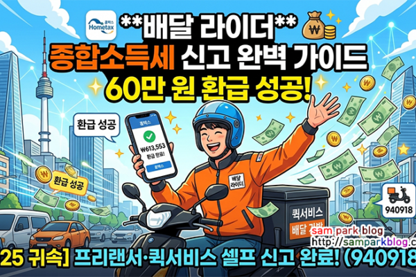 [2025 귀속] 배달 라이더 종합소득세 신고 완료 60만 원 환급 성공!