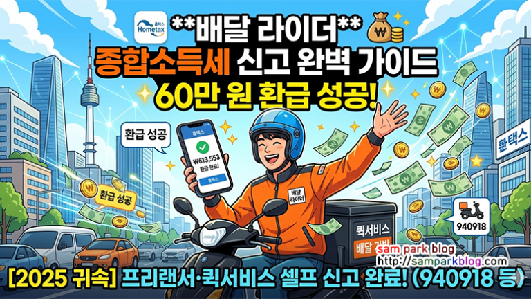오렌지색 자켓을 입은 배달 라이더가 오토바이 위에서 환급액 613,553원이 표시된 스마트폰을 들고 환호하는 모습의 2025년 종합소득세 신고 가이드 대표 이미지