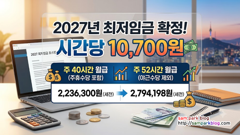 2027년 확정 최저임금 10,700원 기준 주 40시간 및 주 52시간 월급 연봉 계산 결과표