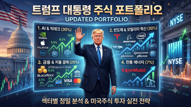 트럼프 대통령을 중심으로 엔비디아, 테슬라, 애플 등 핵심 기업의 비중이 4대 섹터로 분류된 주식 포트폴리오 분석 인포그래픽
