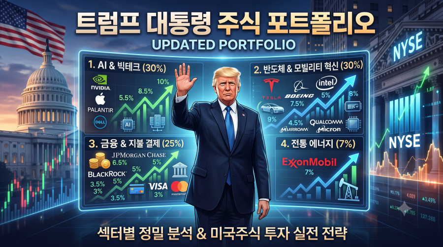 트럼프 대통령을 중심으로 엔비디아, 테슬라, 애플 등 핵심 기업의 비중이 4대 섹터로 분류된 주식 포트폴리오 분석 인포그래픽