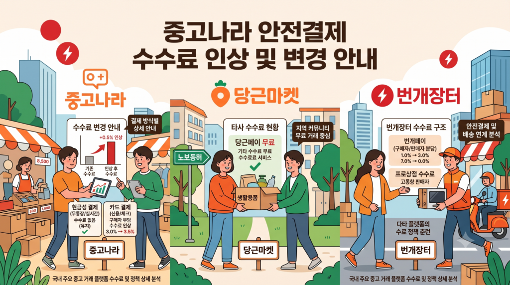 중고나라 안전결제 수수료 인상 및 당근, 번개장터 수수료 정책 비교 인포그래픽