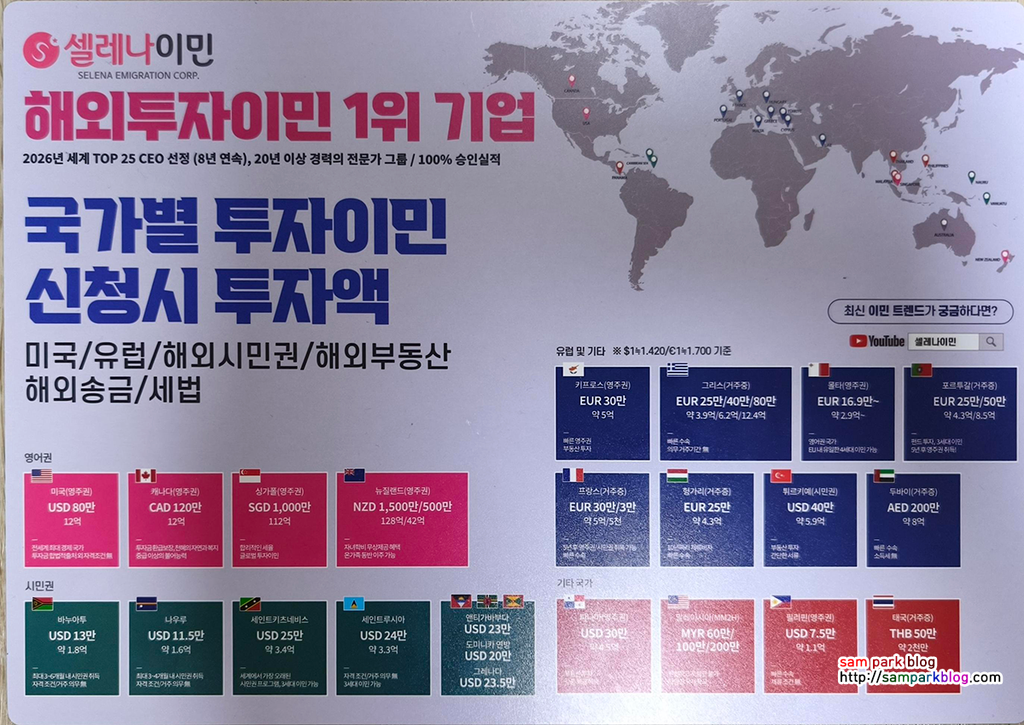 특정 이민 대행사 부스에서 제공한 주요 국가별 투자이민 신청 최소 투자액 정리 표
